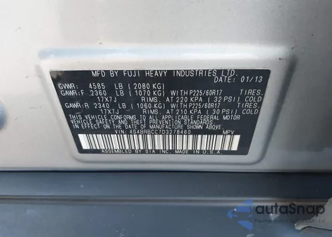 2013 Subaru Outback 2.5I Premium z USA, uszkodzony, nr VIN 4S4BRBCC7D3278460